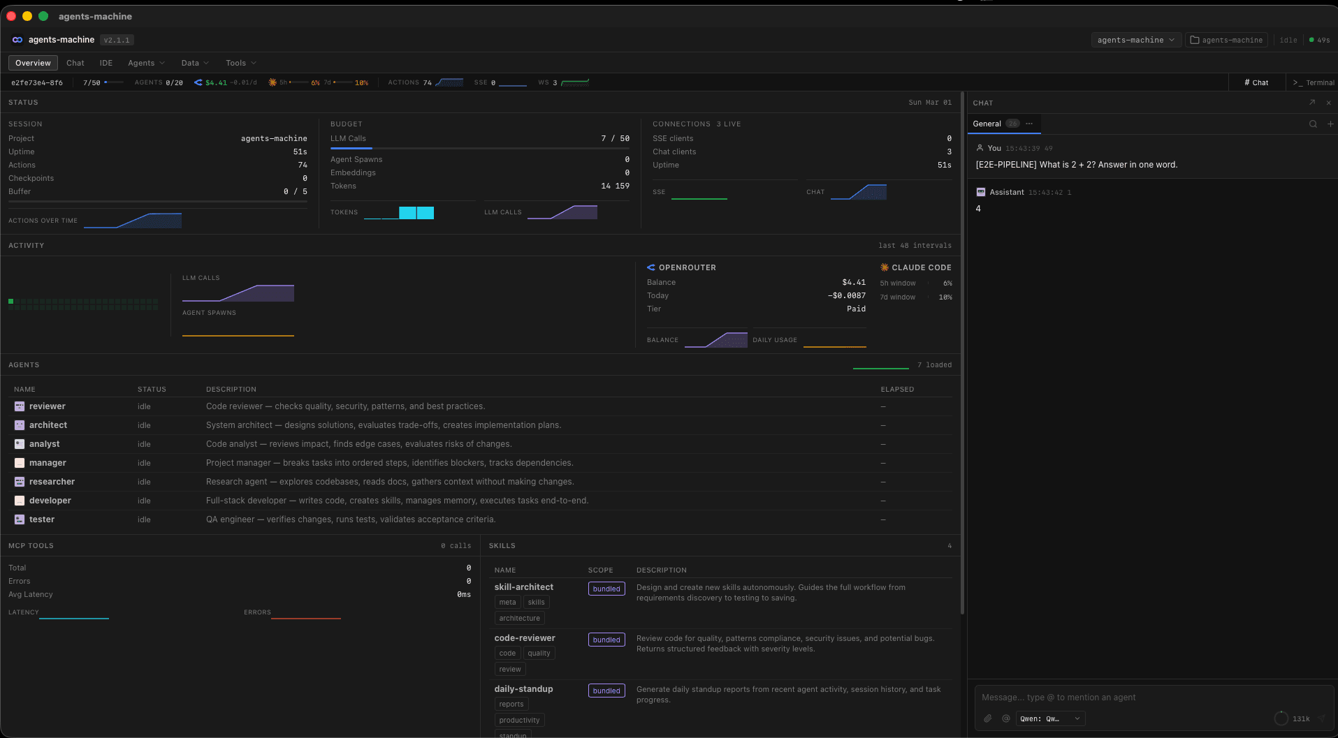 Agents Machine — Dashboard Overview with agents, memory, budget, and chat
