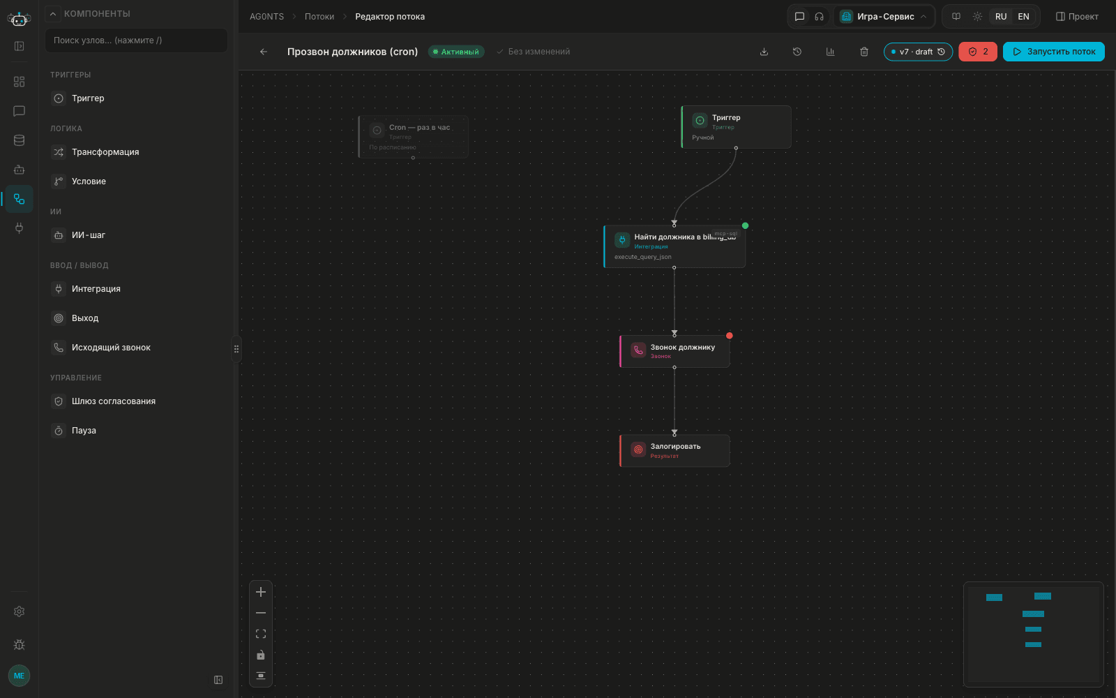 Cron-flow: триггер → SQL → звонок → лог